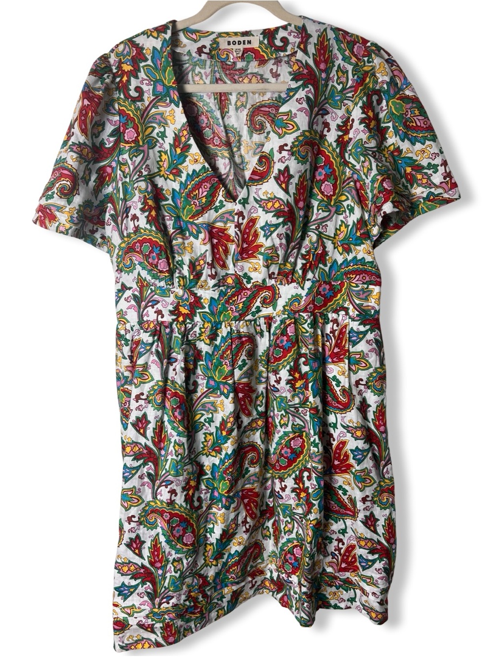 Boden Women’s Linen Paisley Short Sleeve Dress V-Neck Multicolor Sz. 16-18R